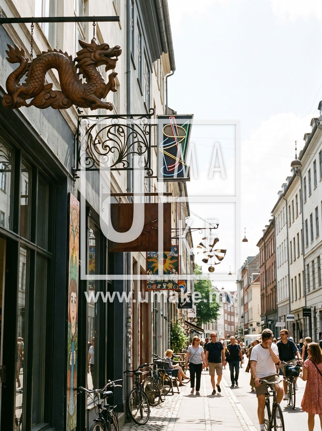A street of shops each with a different style of signboard
