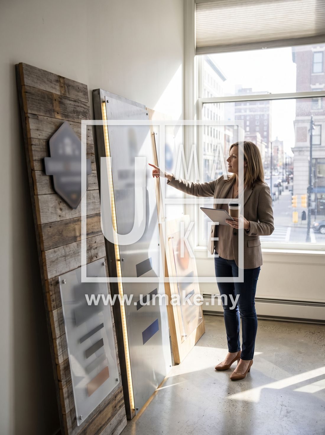A business owner choosing a signboard design