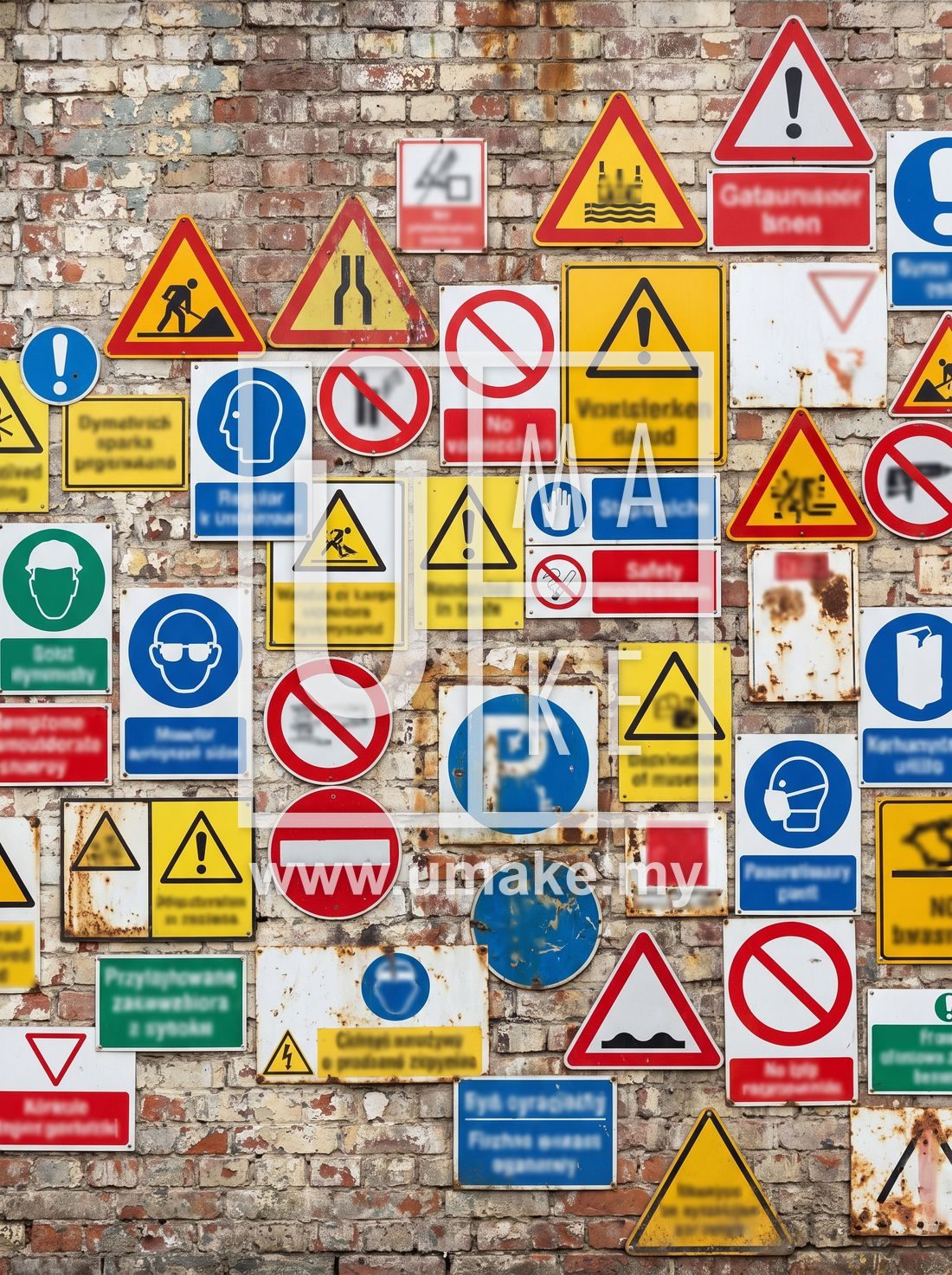 A wall of assorted safety signs