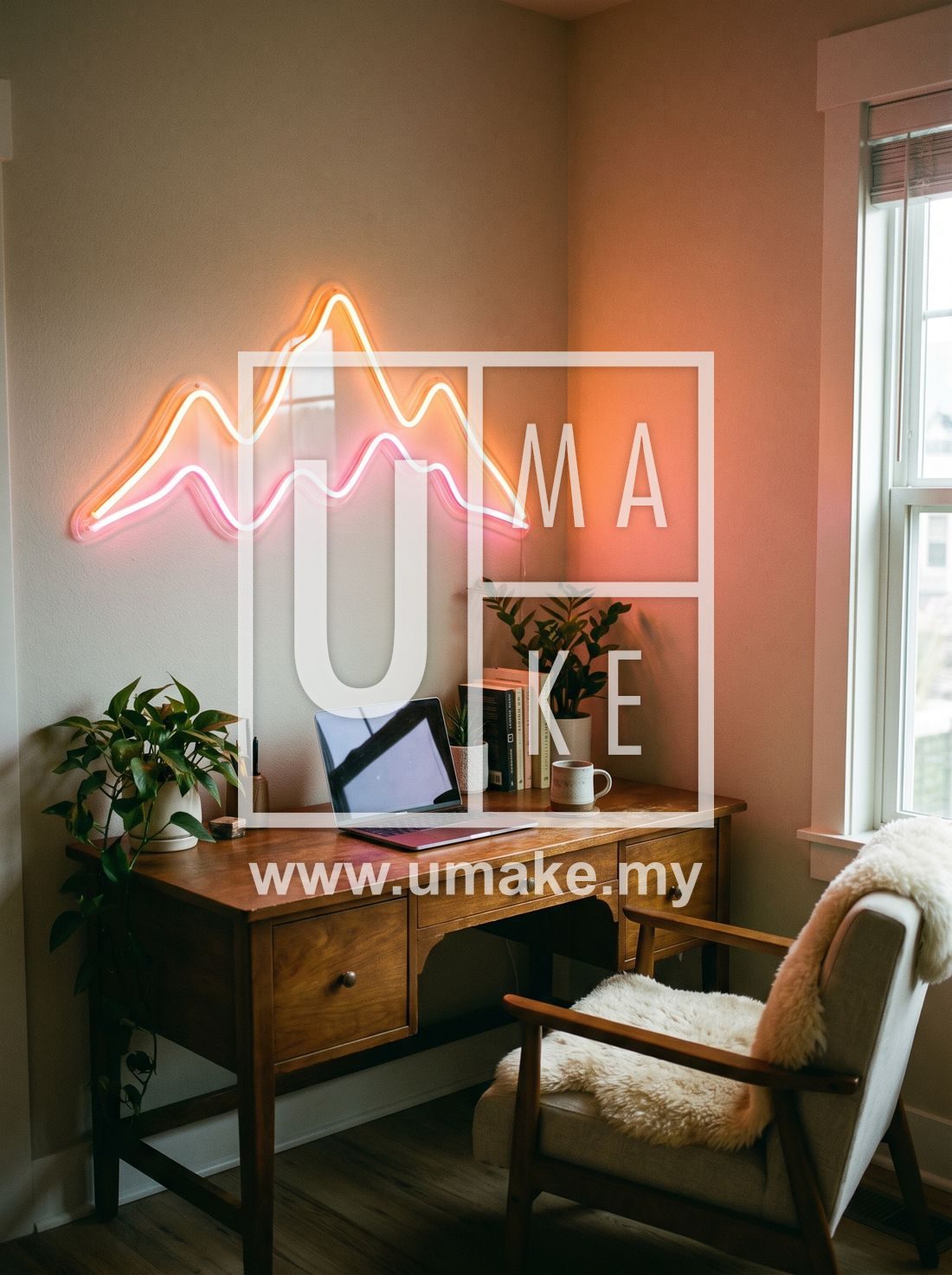 A stylish home office corner with a small glowing warm LED neon accent light