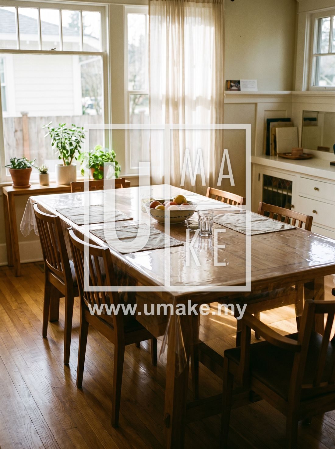 A bright home dining room with a clear transparent PVC protective cover on the table