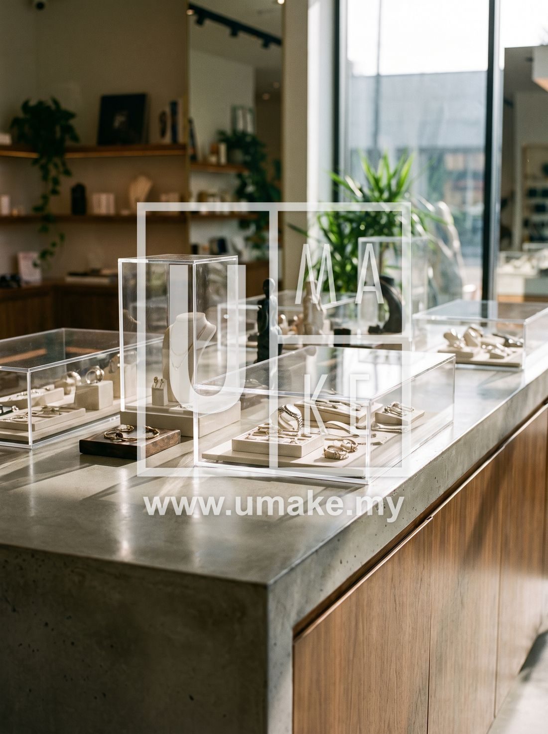 A retail counter with several clear acrylic display cases