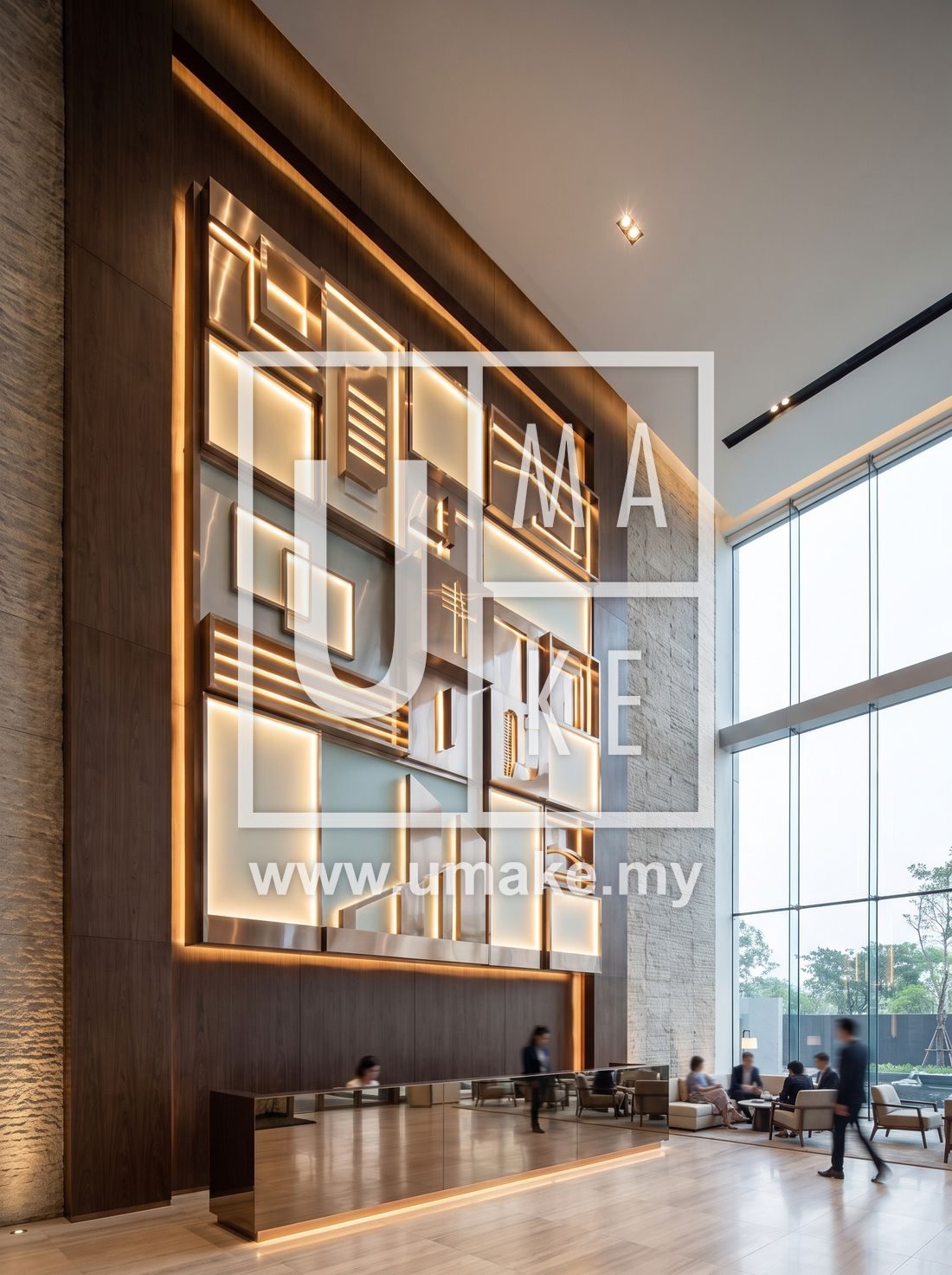 A large illuminated 3D box-up logo wall in a property sales gallery