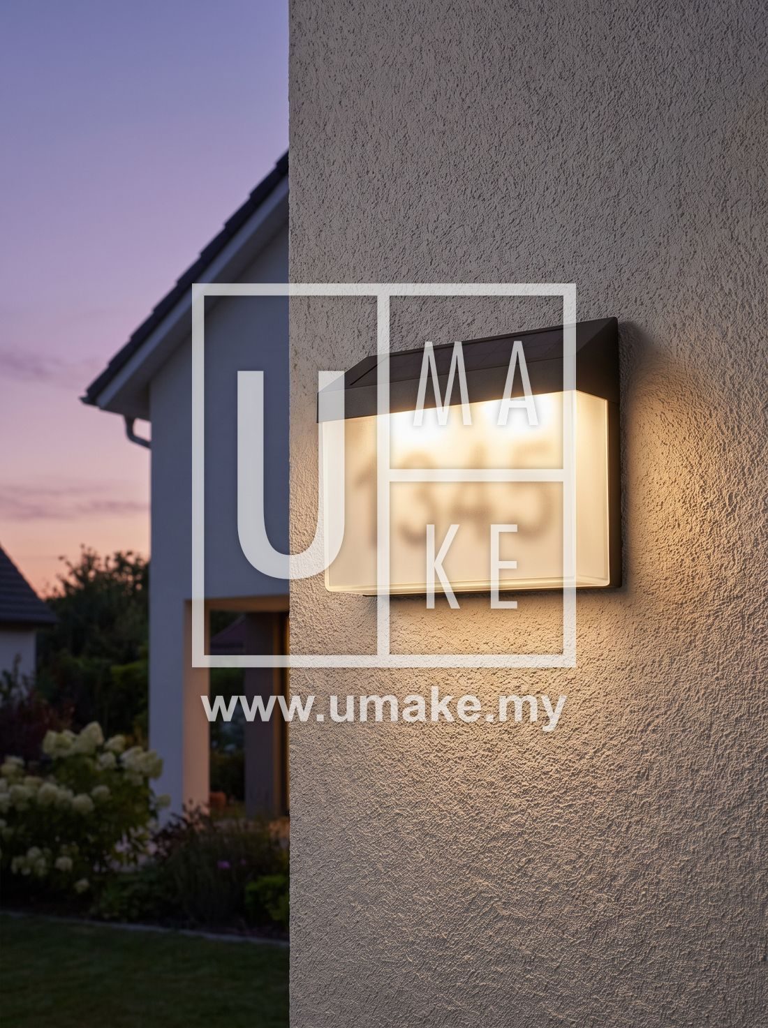 A solar LED house number plate glowing at dusk on a house