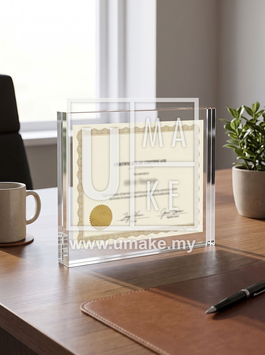 A framed certificate in a clear acrylic stand on an office desk