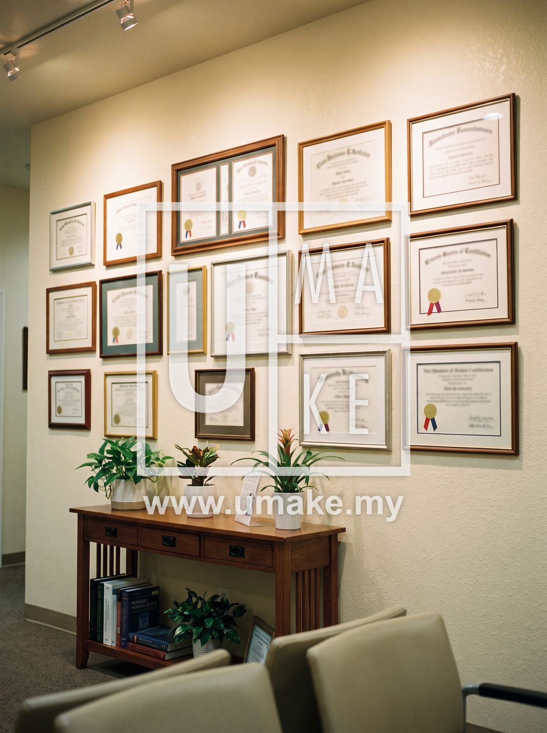 A wall of professionally displayed certificates in a clinic