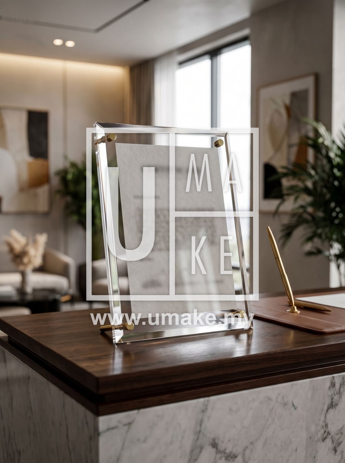 A premium acrylic certificate holder on a reception counter