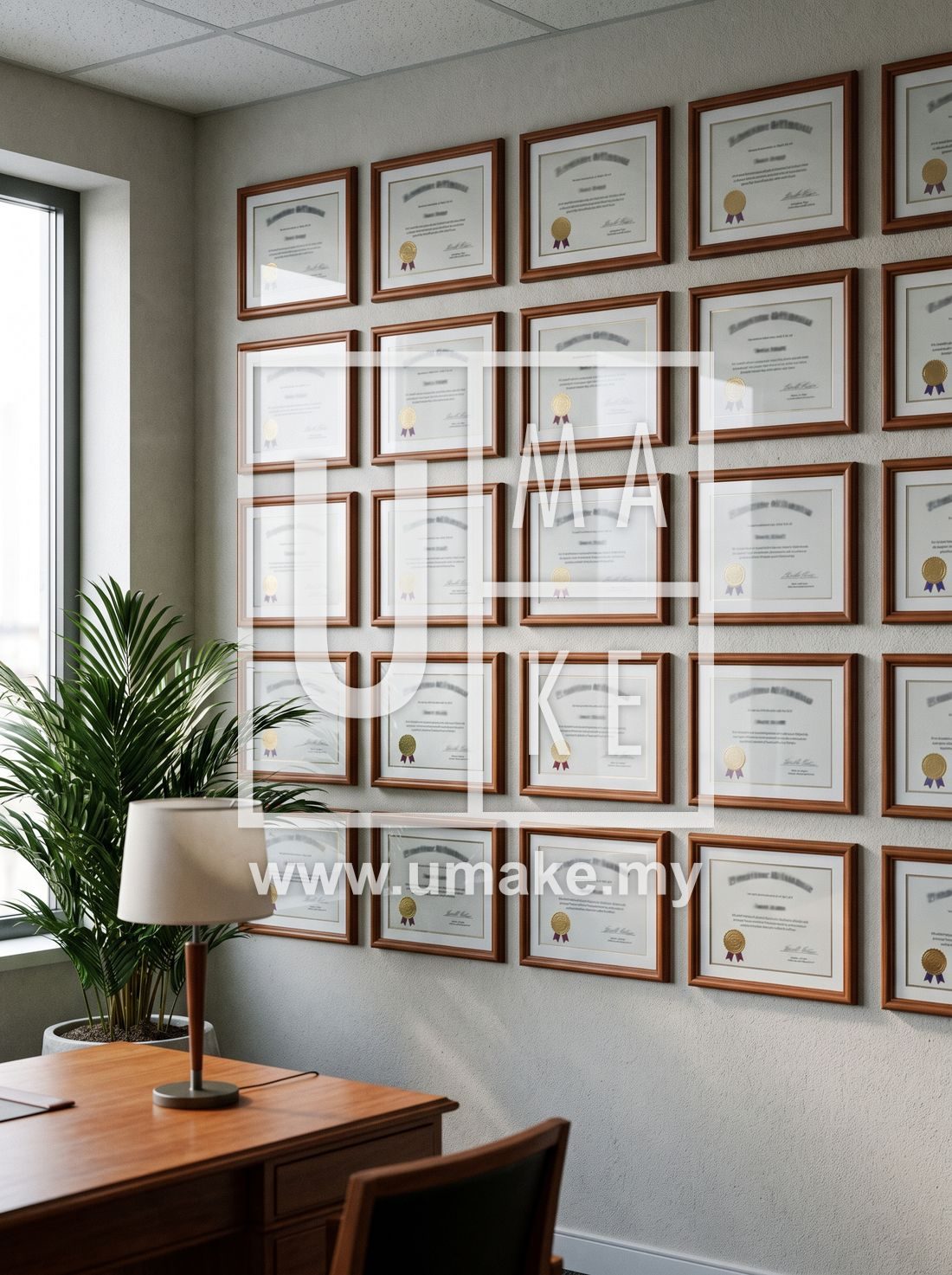 An office wall with neatly framed award certificates