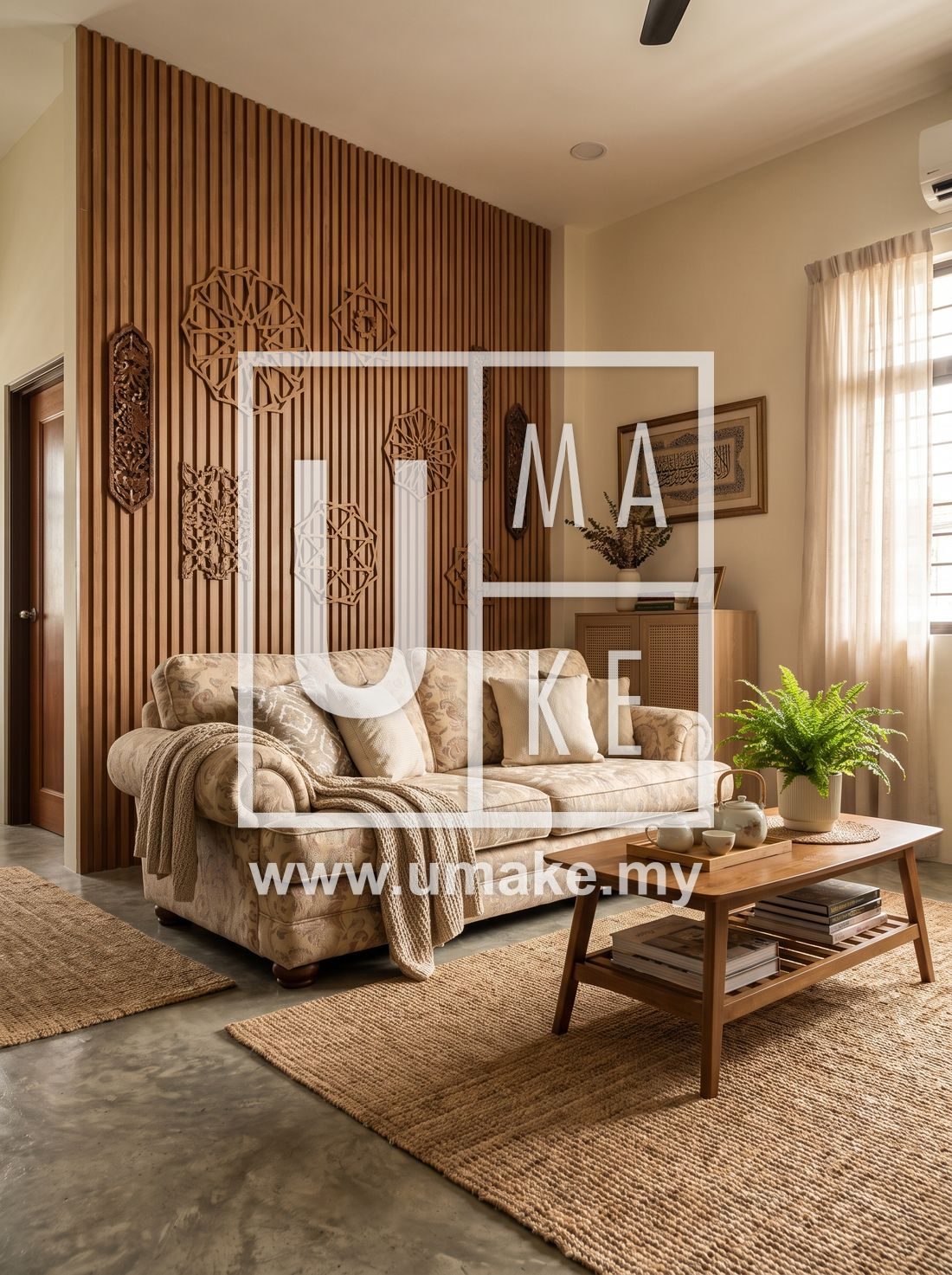 A cozy Malaysian Muslim living room with a large feature wall