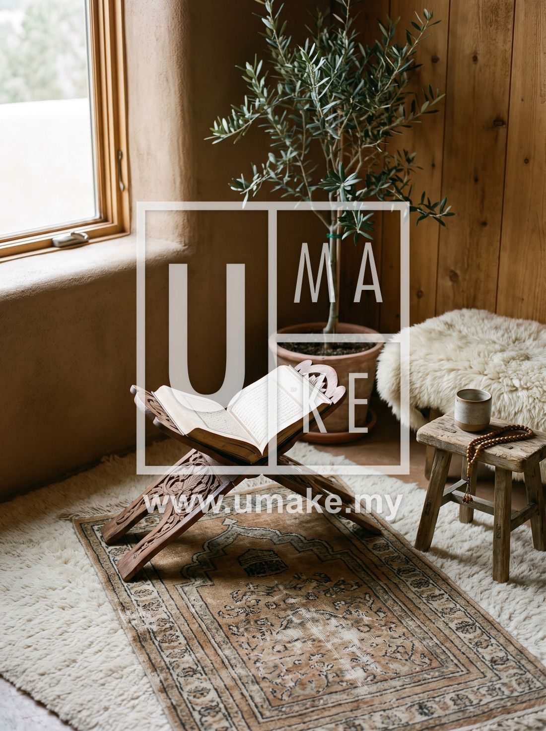 A serene home prayer nook with a wooden Quran stand and prayer mat
