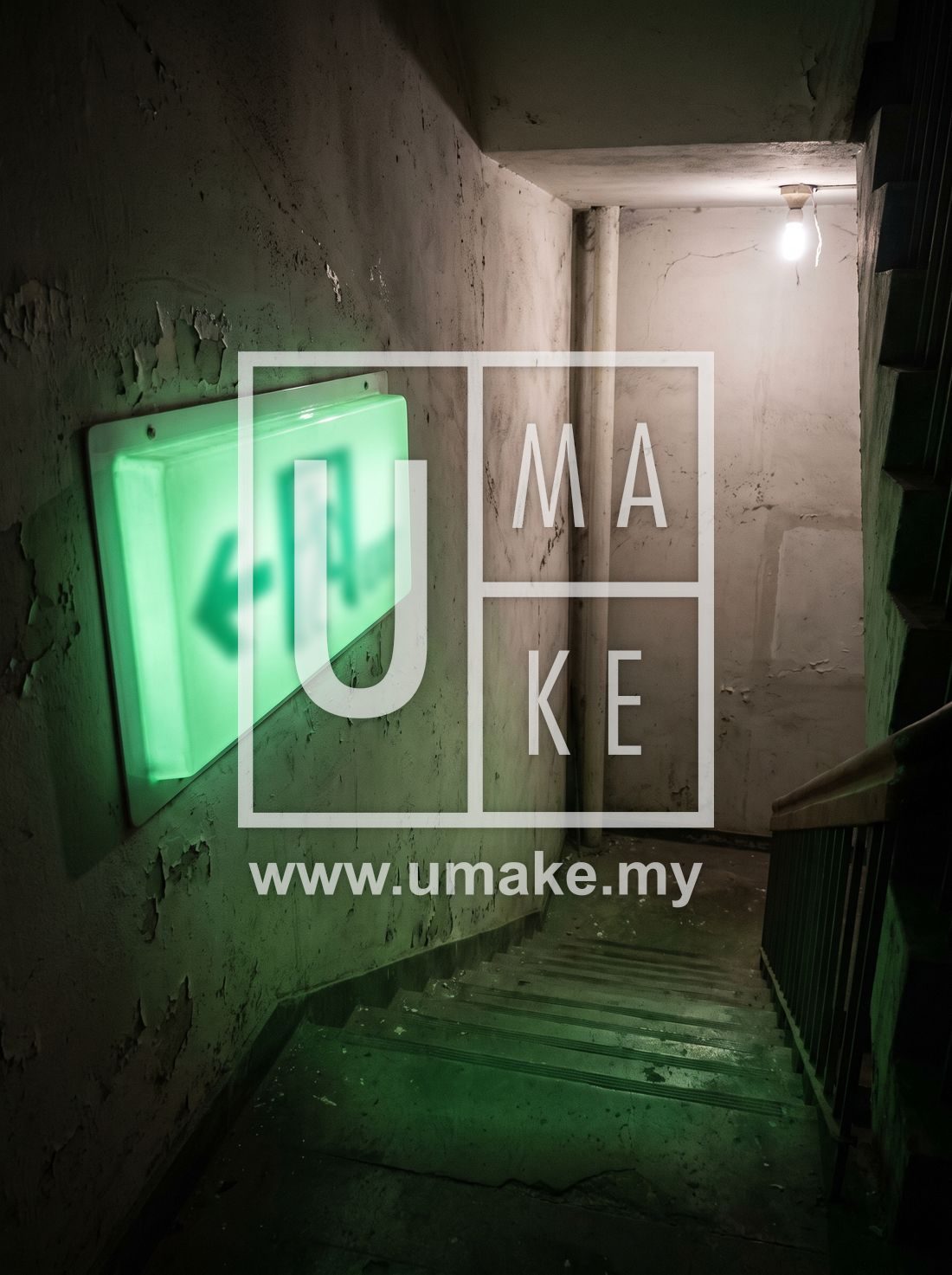 A glow-in-the-dark exit sign in a dim stairwell