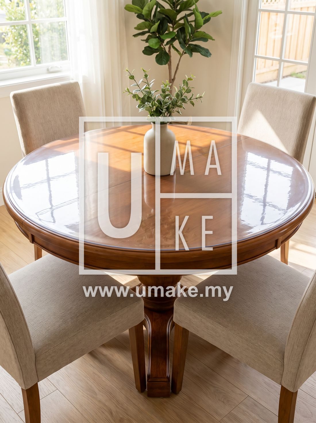 A round dining table with a clear waterproof table mat