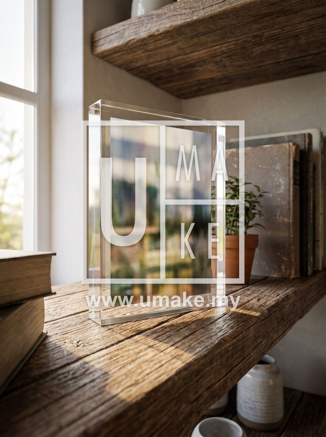 A clear acrylic photo frame standing on a shelf