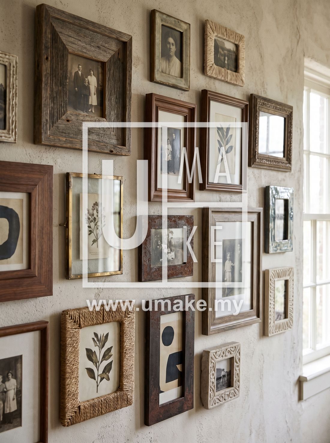 Several photo frames of different materials on a wall