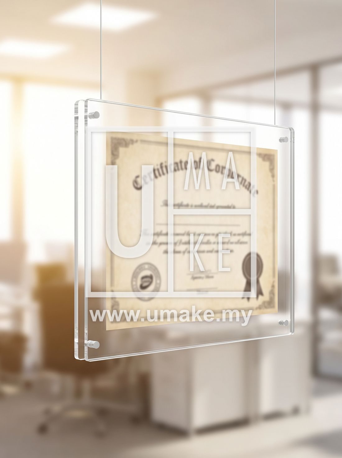 A floating acrylic frame holding a certificate