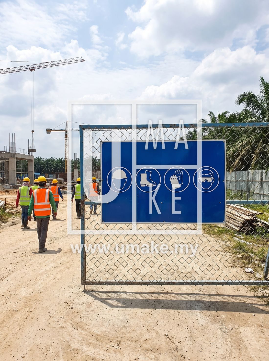 Construction site entrance with a PPE mandatory sign board