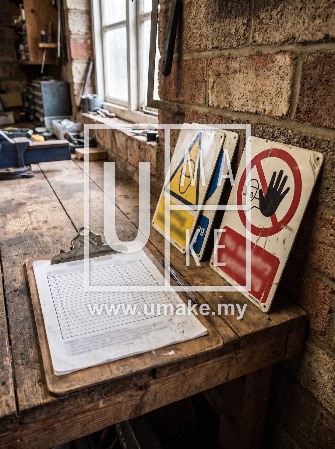 Checklist clipboard on a table beside several safety signs
