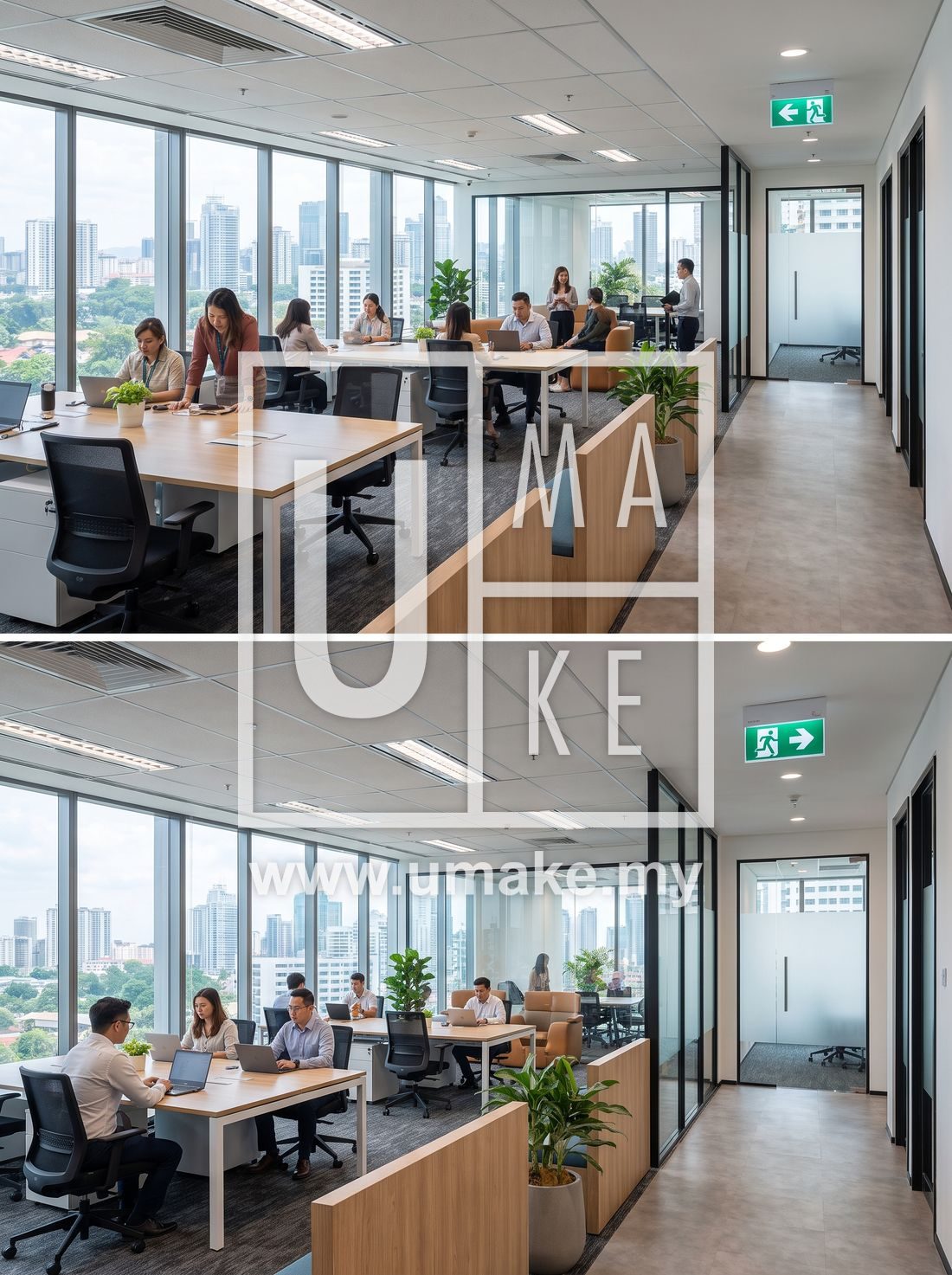 Modern office with a green emergency exit sign mounted above a door