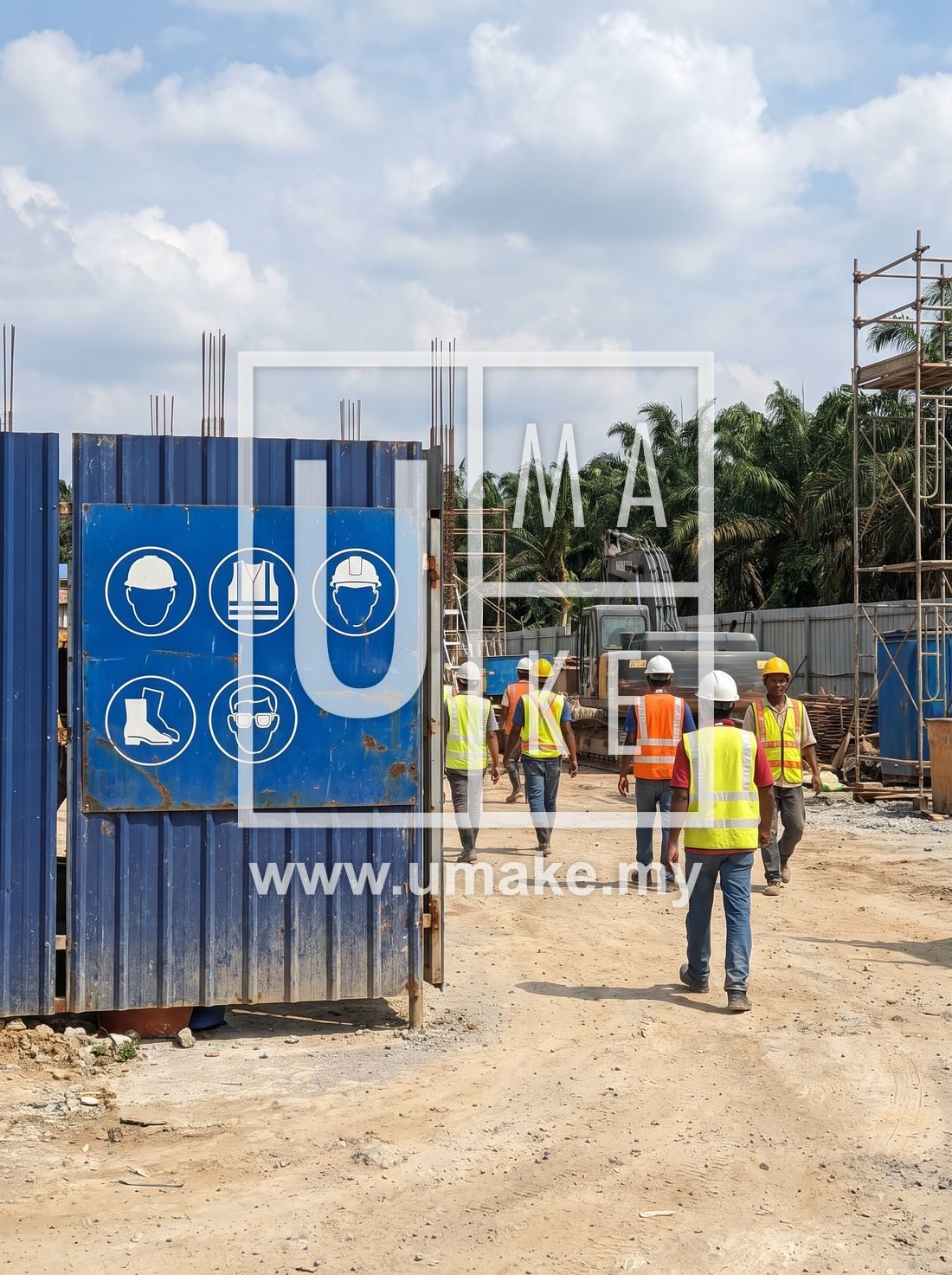 Blue mandatory PPE safety sign board at a Malaysian construction site entrance
