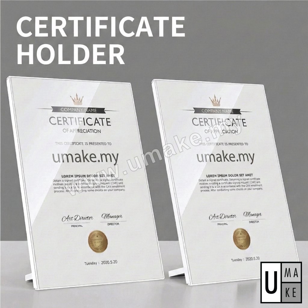 Pemegang Sijil Akrilik Premium | Dirian Bingkai Paparan Tebal 10mm (A3 A4 A5, Potret & Lanskap)