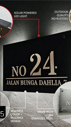 (Solar LED + Stainless Steel) Solar House Number Plate Customized & Address Sign 太阳能门牌 Outdoor Modern Tanda Rumah