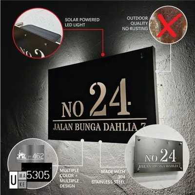 (Solar LED + Stainless Steel) Solar House Number Plate Customized & Address Sign 太阳能门牌 Outdoor Modern Tanda Rumah