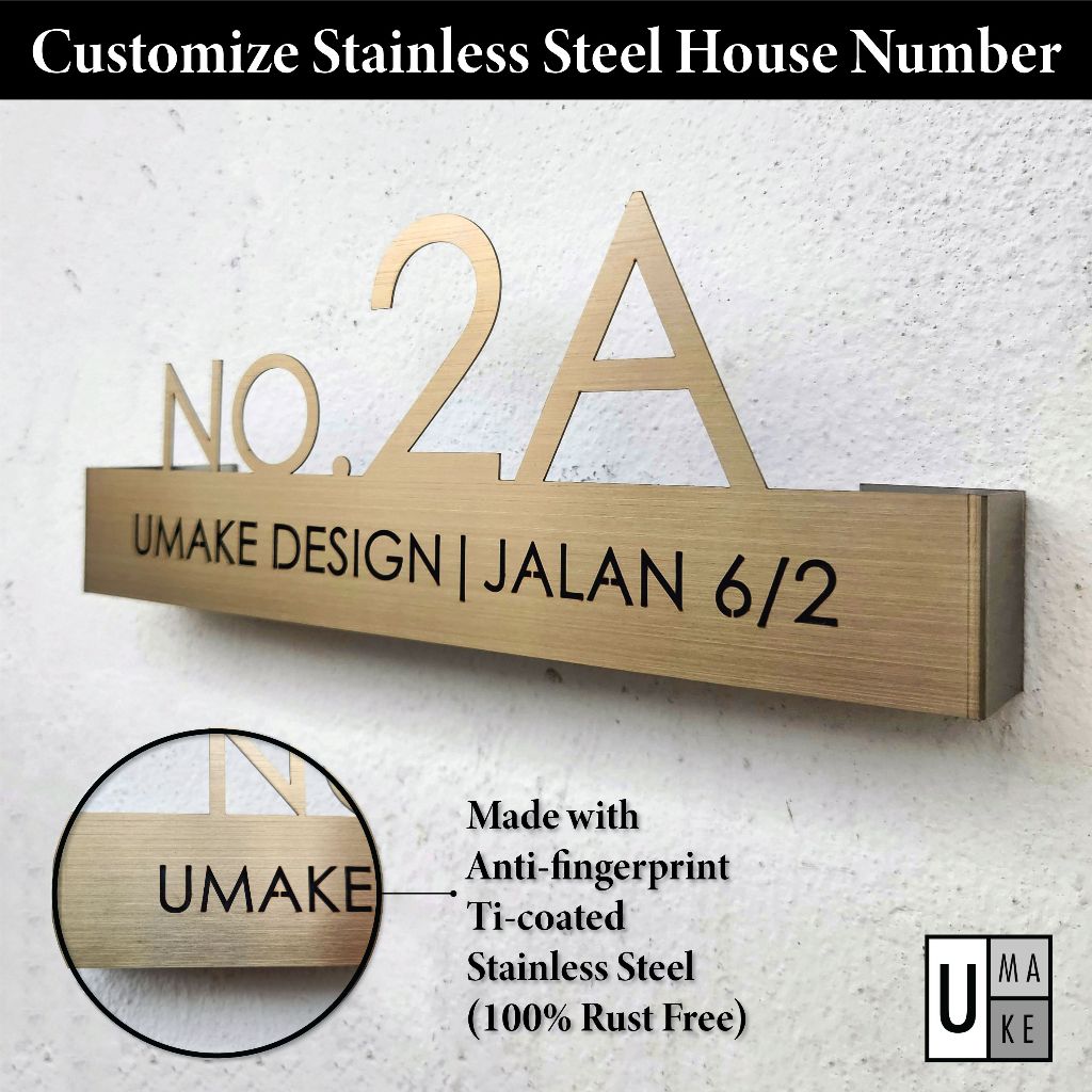 UMAKE Gold House Number Plate Stainless Steel Customized House Sign Signage | Tanda Rumah | 门牌 - Image 1