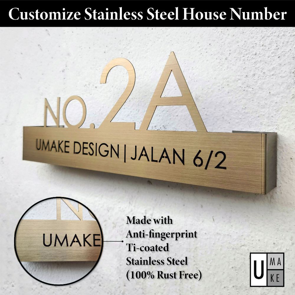 UMAKE Gold House Number Plate Stainless Steel Customized House Sign Signage | Tanda Rumah | 门牌 - Image 1