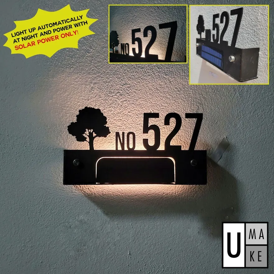 (Solar + LED) Modern 3D House Number & Address Sign Plate Board Sheet Plaque Waterproofing Black White 门牌 Tanda Rumah - Image 1