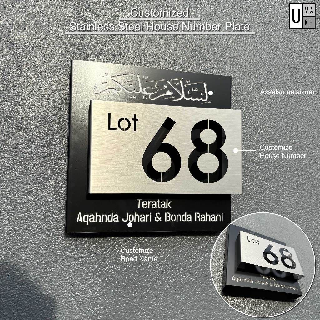 UMAKE Custom made Assalamualaikum Stainless Steel House Plate Address Nombor Rumah Tanda Rumah Metal - Image 1