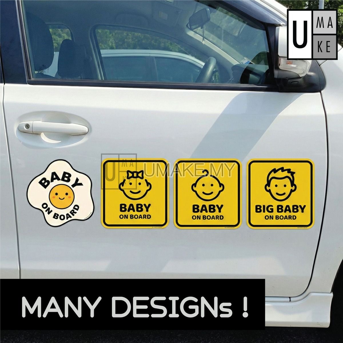 All Baby On Board magnet sticker designs displayed on car door