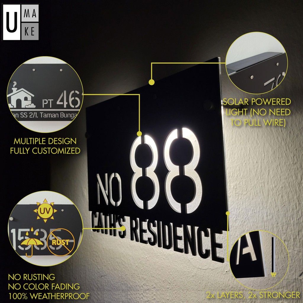 (Solar + LED) Modern Solar House Number & Address Sign Plate Tanda Rumah 家用门牌 Board Sheet Plaque Tablet Waterproofing 3D - Image 1