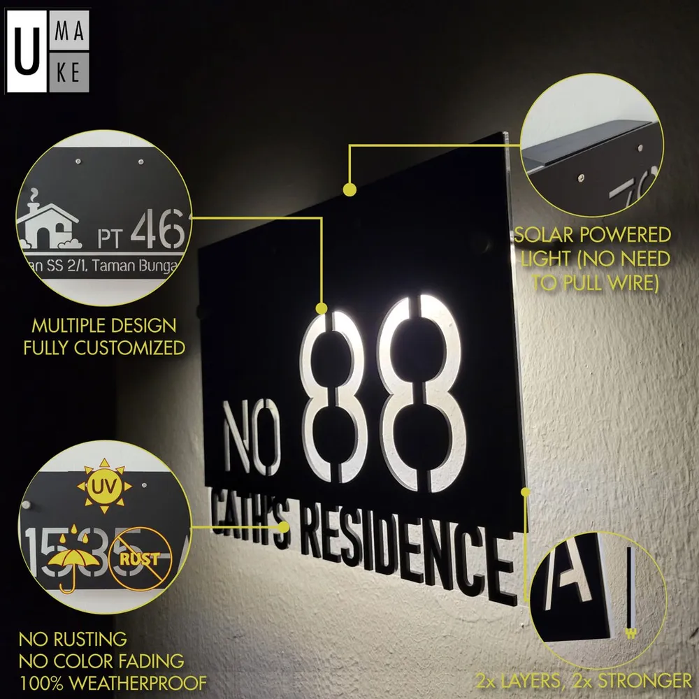 (Solar + LED) Modern Solar House Number & Address Sign Plate Tanda Rumah 家用门牌 Board Sheet Plaque Tablet Waterproofing 3D - Image 1