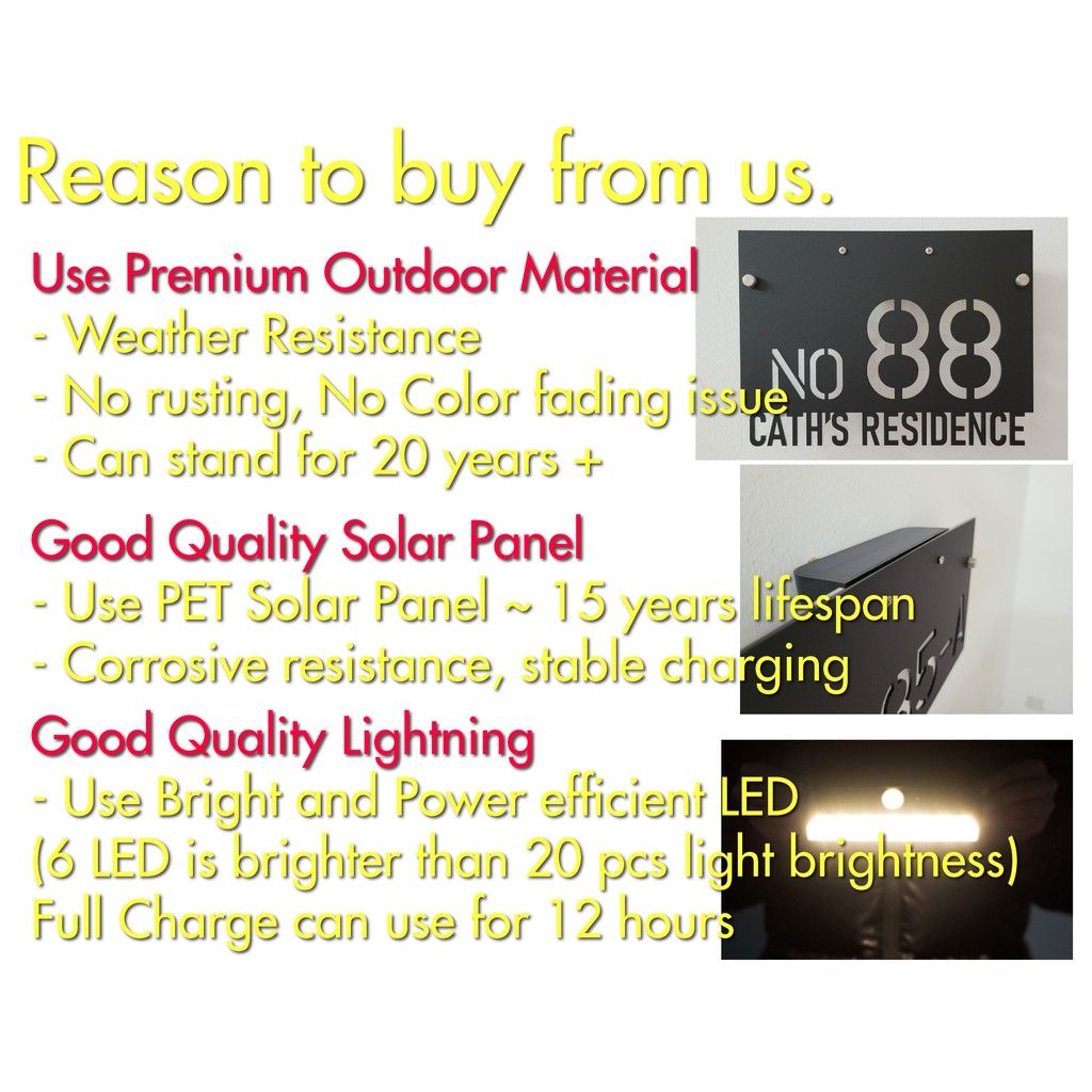 (Solar + LED) Modern Solar House Number & Address Sign Plate Tanda Rumah 家用门牌 Board Sheet Plaque Tablet Waterproofing 3D - Image 7