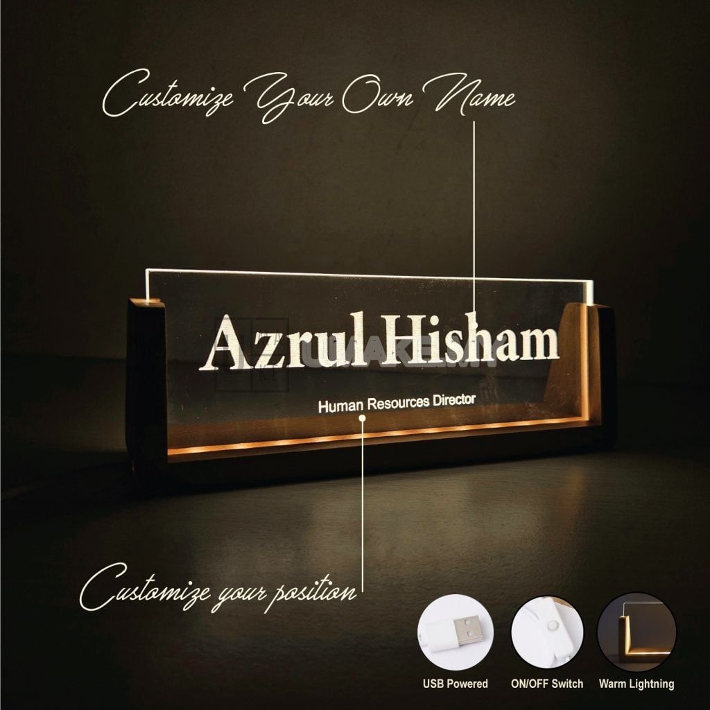 LED Desk Name Plate (Acrylic + Wood)