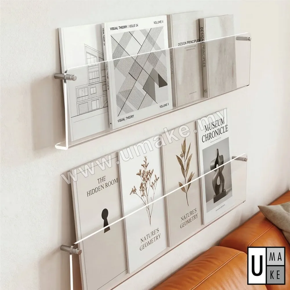 Clear Acrylic Wall Shelf | Wall-Mounted Floating Magazine Rack & Bookshelf Display Organizer
