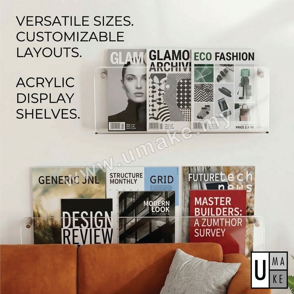 Clear Acrylic Wall Shelf | Wall-Mounted Floating Magazine Rack & Bookshelf Display Organizer