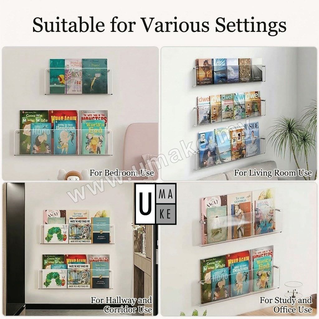 Clear Acrylic Wall Shelf | Wall-Mounted Floating Magazine Rack & Bookshelf Display Organizer